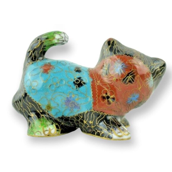 Vintage Decorative Ornate Cloisonné Miniature Enamel Cat Painted Brass 3.5 inche - Picture 2 of 8